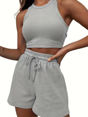 Rib Knit Crop Top & Drawstring Shorts Set, Casual Sports Suit