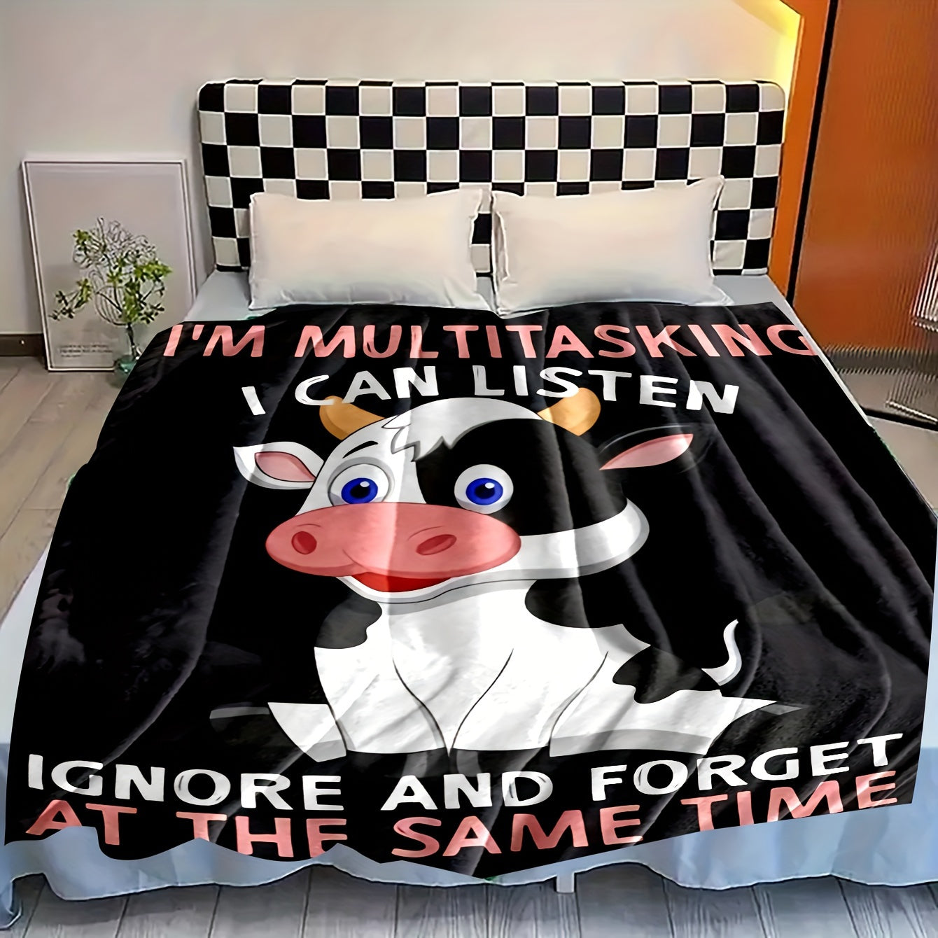 Winter Warm Flannel Cow Pattern Blanket for Home & Travel