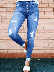 Ripped Skinny Jeans Slash Pockets Distressed Slim Fit Button Denim Pants