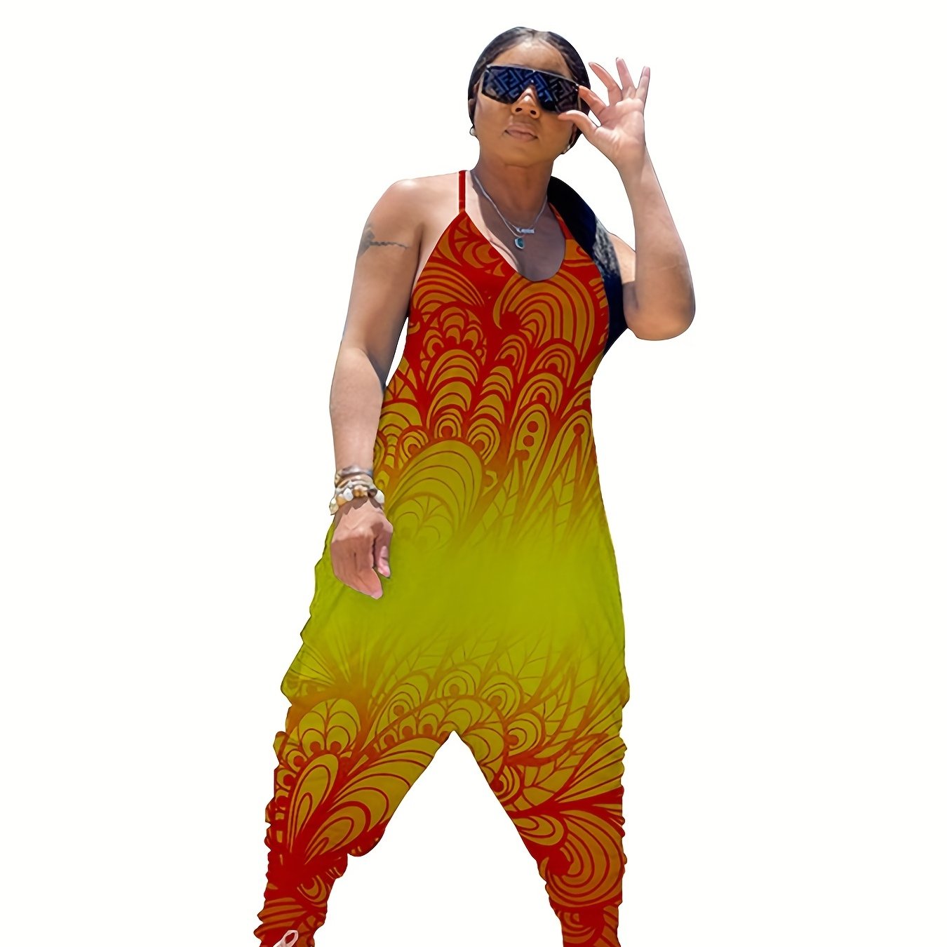 Printed Harem Jumpsuit Spaghetti Neck Baggy Jumpsuit