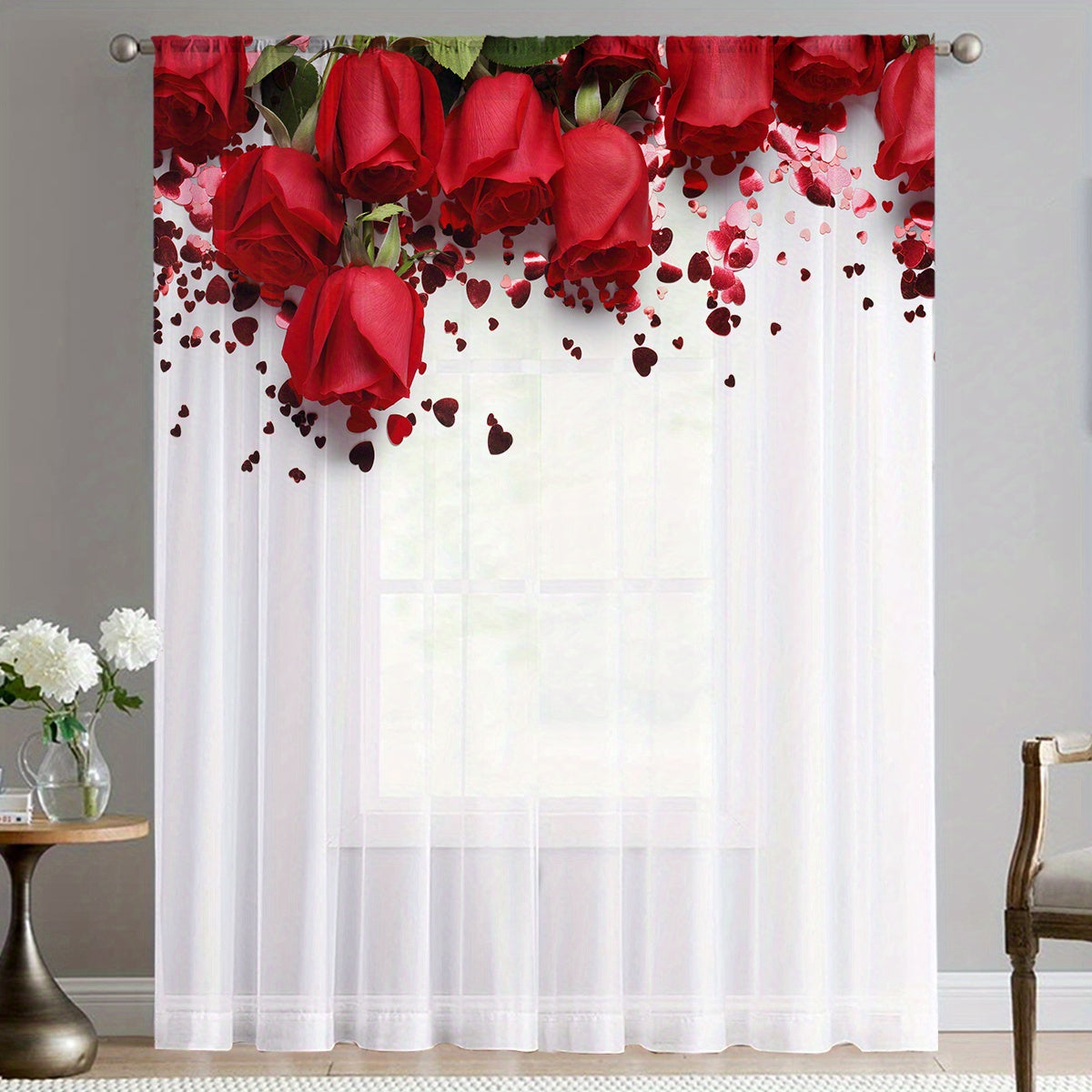 Semi Sheer Red Roses Heart Voile Curtain for Living Room Bedroom Kitchen Cafe