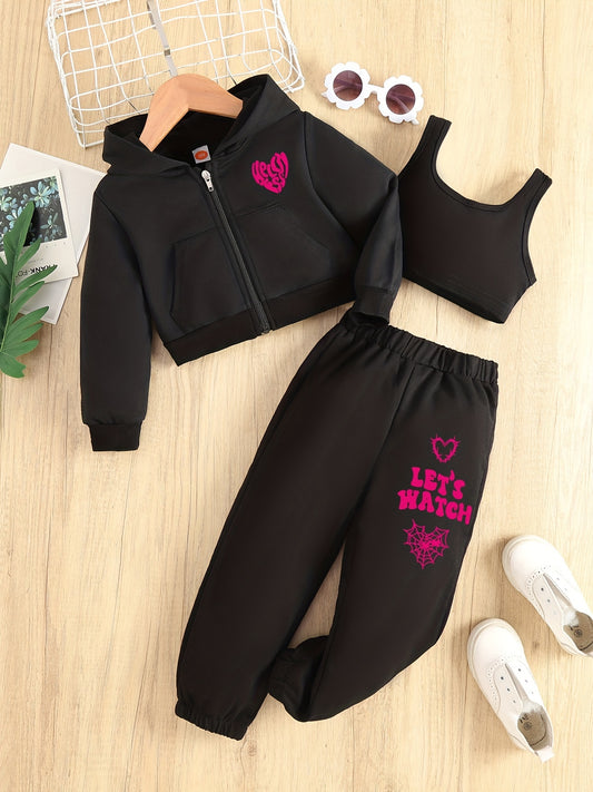 Girl's LET'S WATCH Print 3pcs Hoodie Set Heart Pattern Outfits
