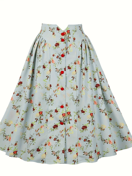  Floral Print Button Front Swing Skirt