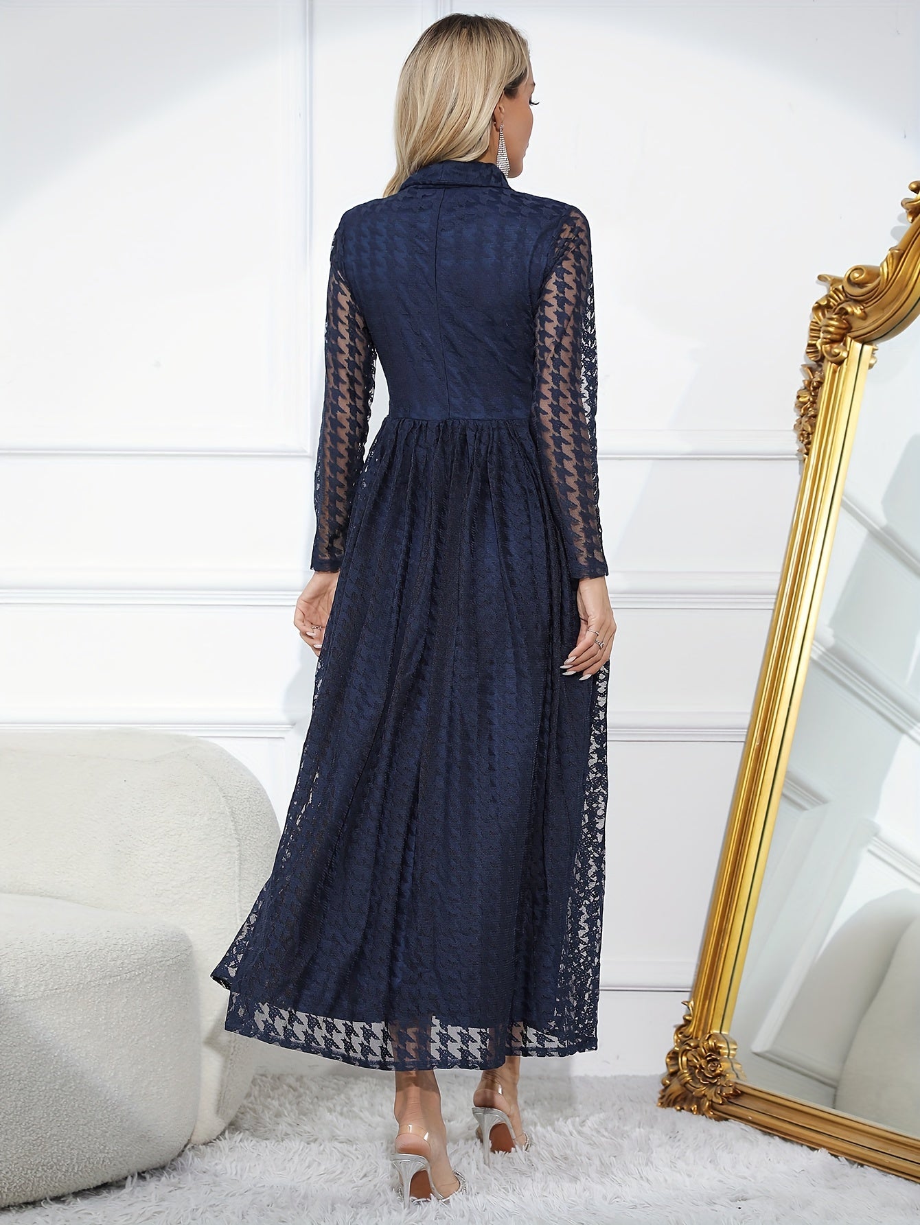  Solid Lace Houndstooth Dress Long Sleeve Lapel Collar Button Decor