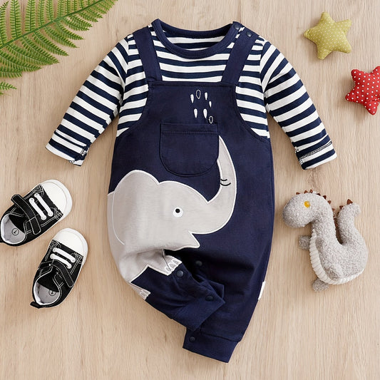 Baby Boys Elephant Print Striped Romper for Spring and Autumn