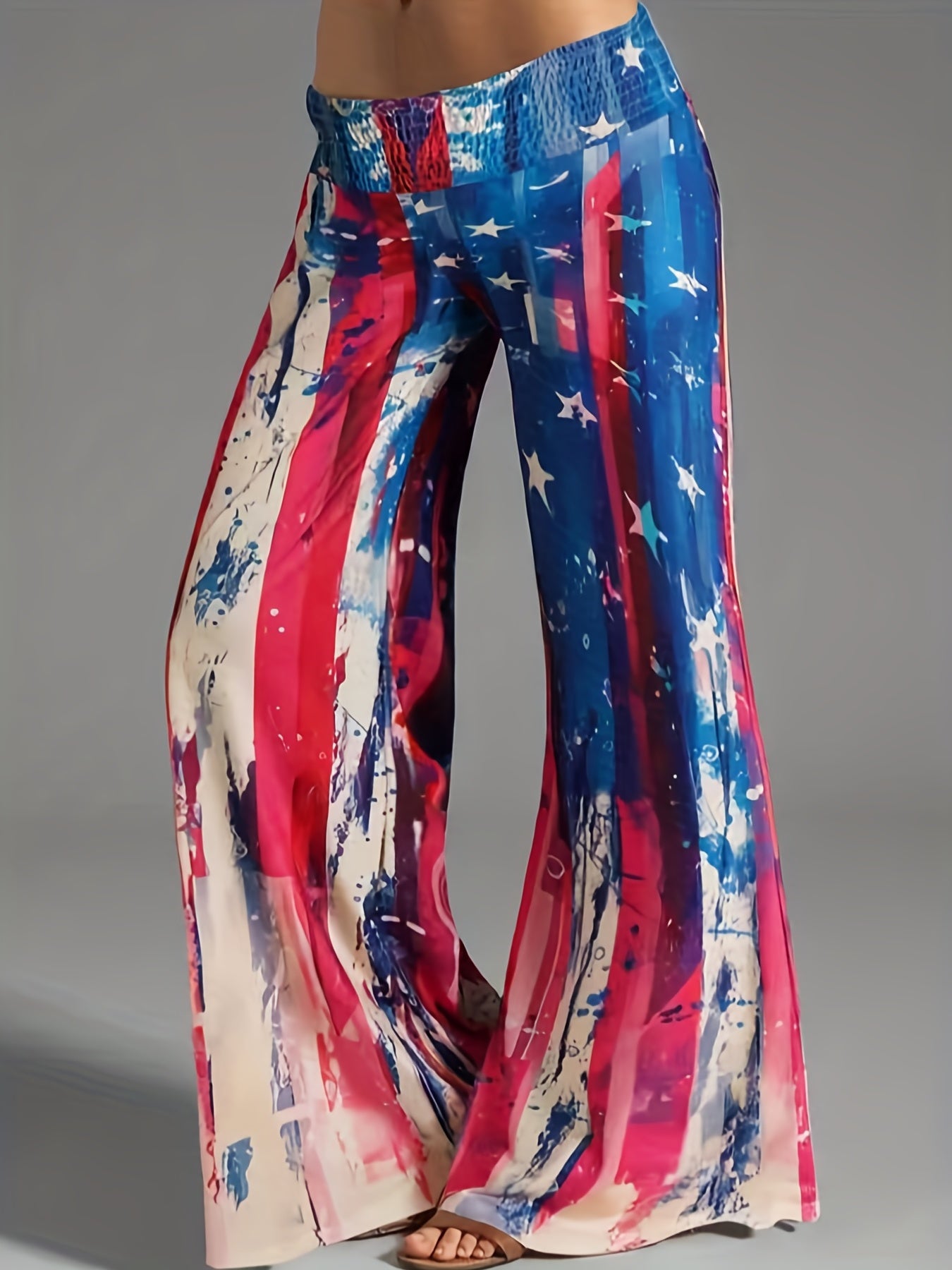 Print Flare Leg Pants Shirred Waist Casual Pants