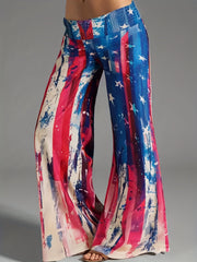 Print Flare Leg Pants Shirred Waist Casual Pants