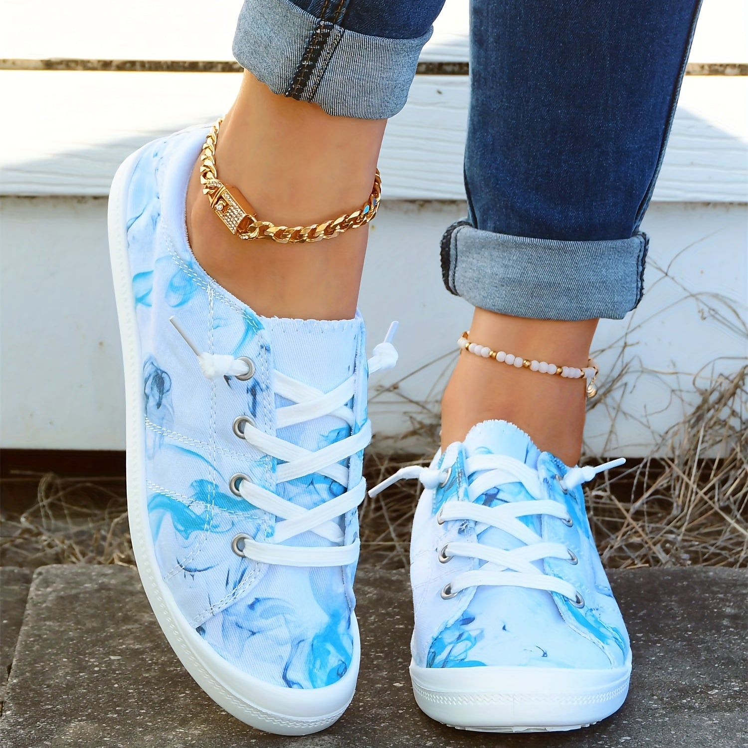 Women's Ink Print Canvas Shoes Lace Up Flat Walking Shoes Lightweight