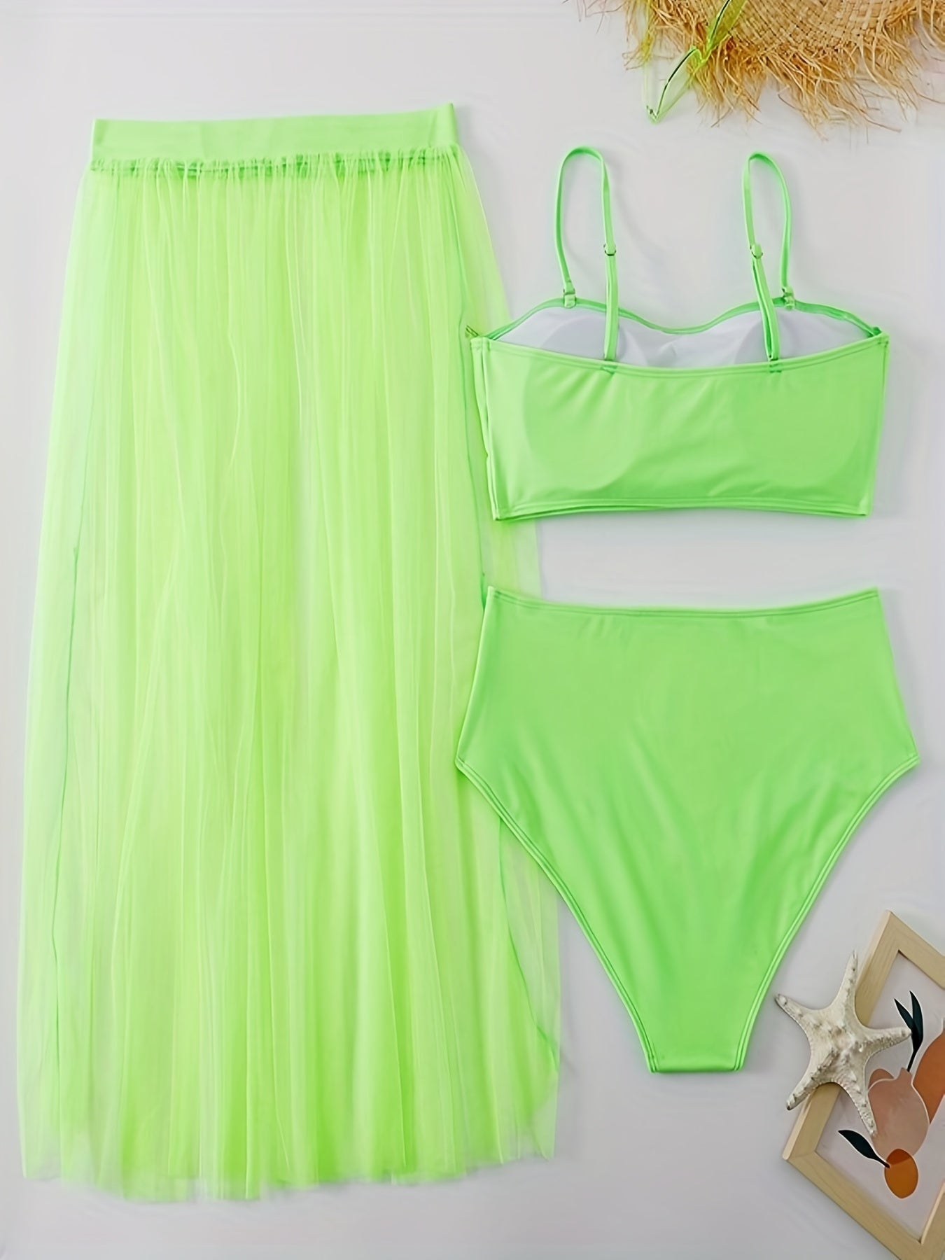  Solid Mesh Skirt & Bra & Panties Swimsuit Set