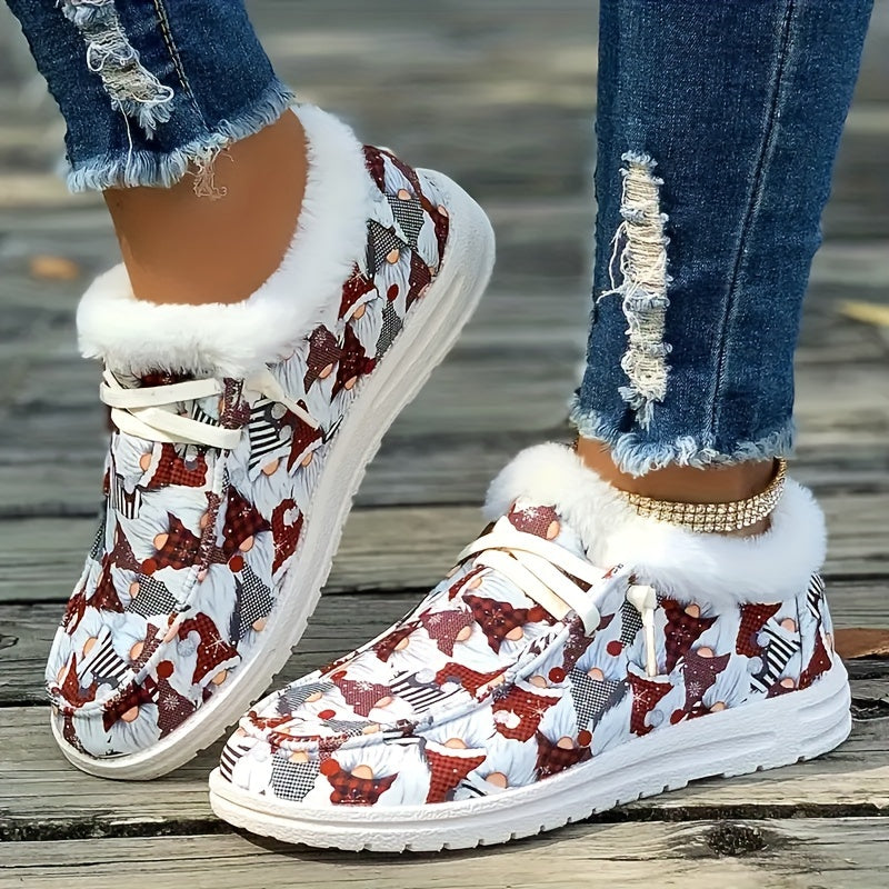 Christmas Print Snow Boots Women's Winter Lace-Up Flats Sneakers