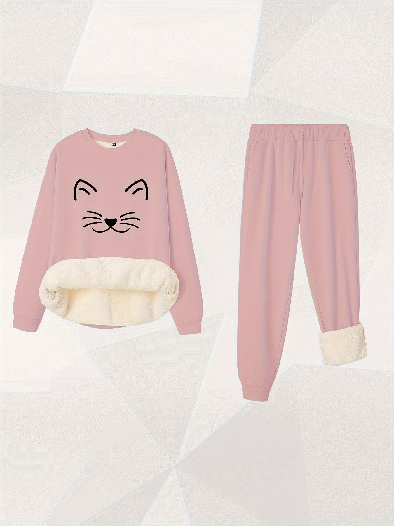 Women's Plus Cat Print Crew Neck Fleece Top & Joggers Set