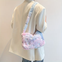 Star Pattern Shoulder Bag Plush Multicolor Square Bag Zipper Closure