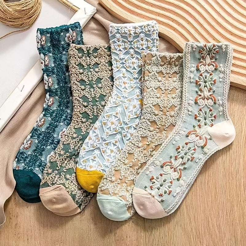 5 Pairs Floral & Geometric 3D Textured Ankle Socks Set