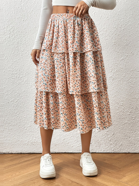Boho Floral Print Tiered Maxi Skirts High Waist for Spring & Summer