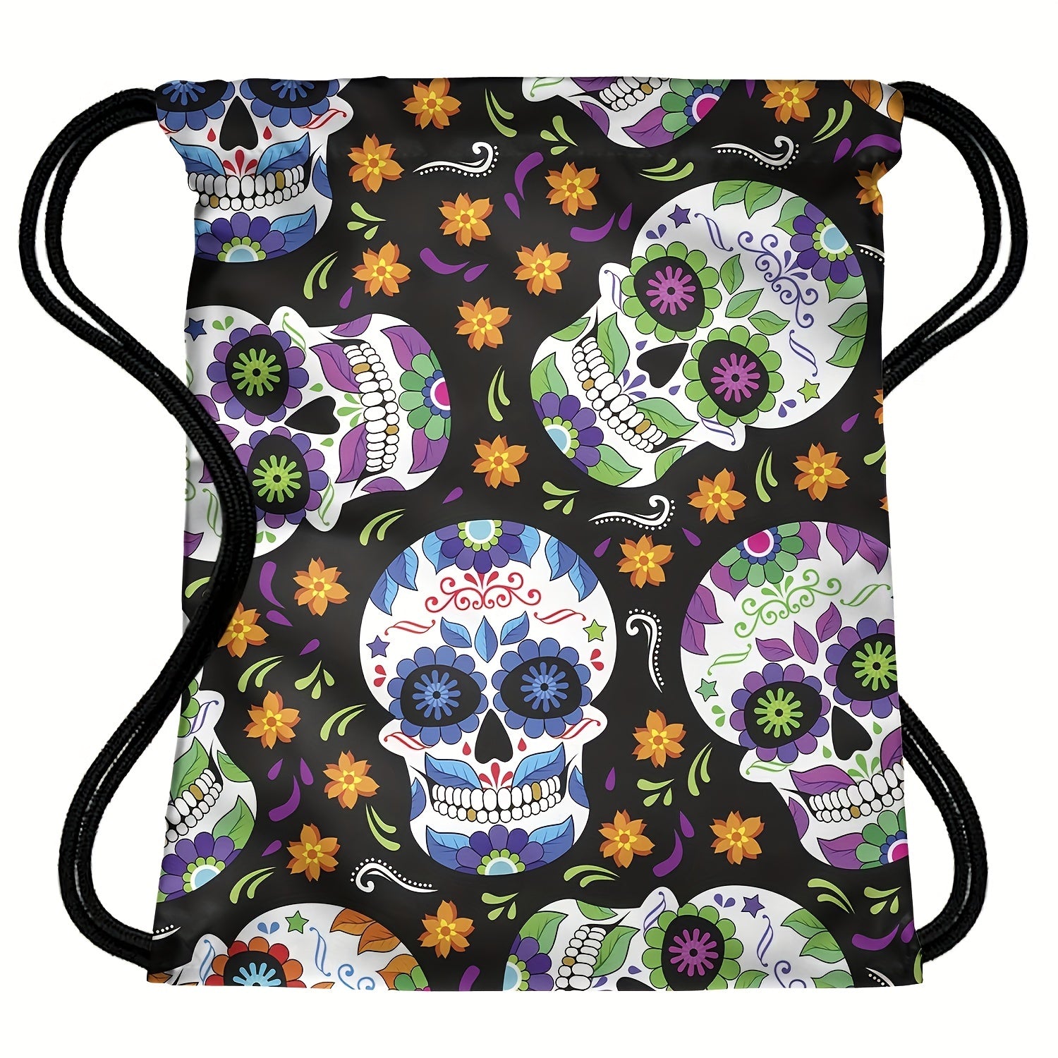 Halloween Flower Skull Drawstring Backpack Ghost Skull Elf Pattern