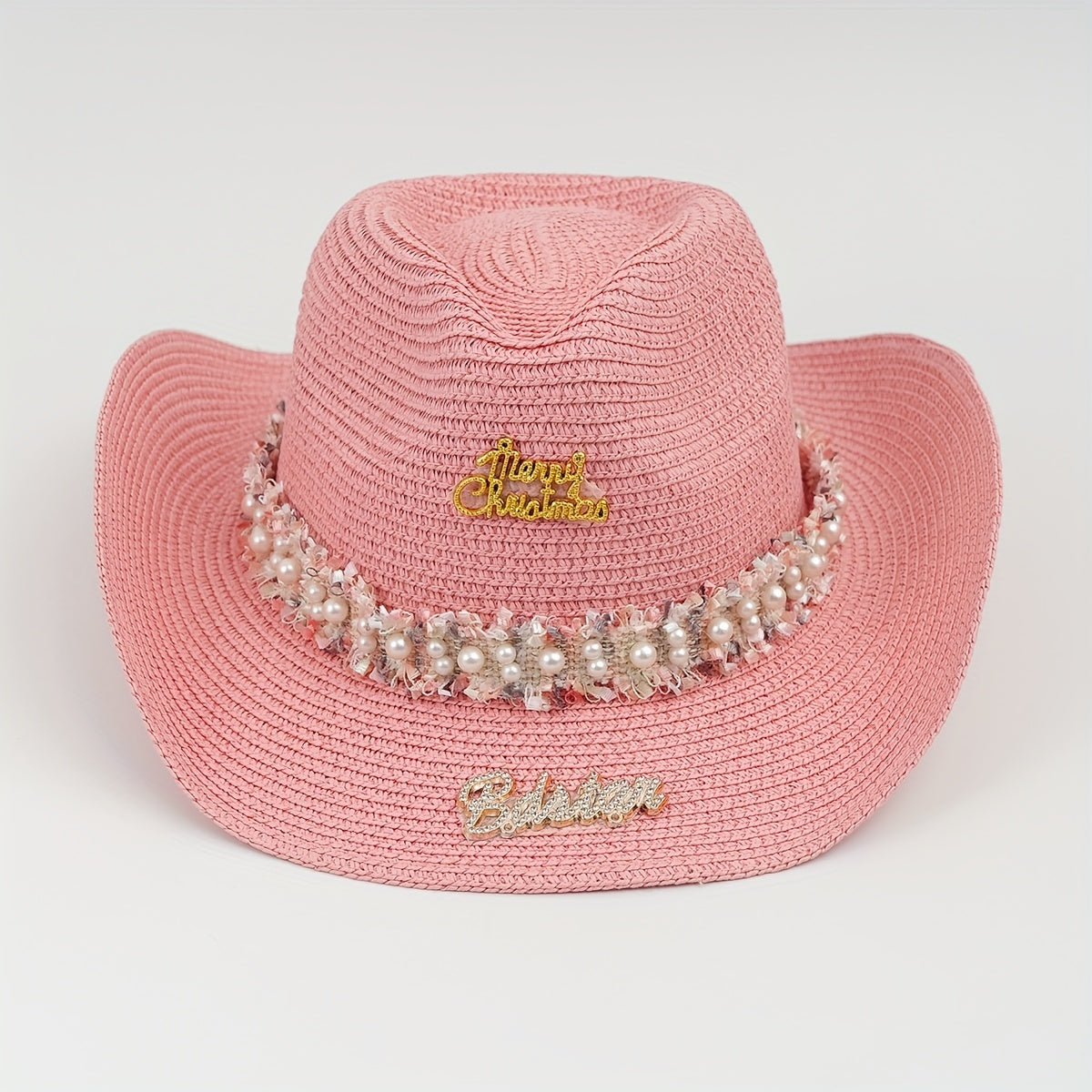 Rhinestone Bride Cowboy Hat Faux Pearl Lace Hatband Decor Straw Jazz Hat