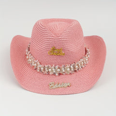 Rhinestone Bride Cowboy Hat Faux Pearl Lace Hatband Decor Straw Jazz Hat