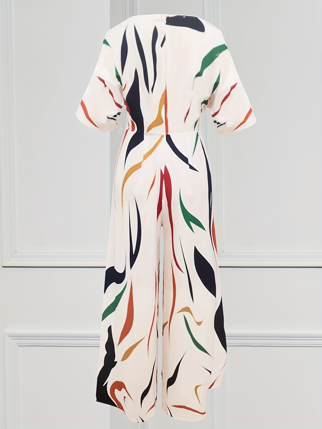 Abstract Print Jumpsuit Casual V Neck Short Sleeve Wide Leg Jumpsuit