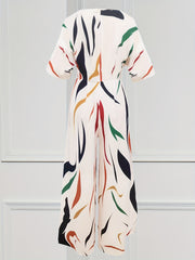 Abstract Print Jumpsuit Casual V Neck Short Sleeve Wide Leg Jumpsuit