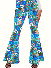 Floral Print High Waist Hippie Pants Casual Flare Leg Pants For Spring & Summer