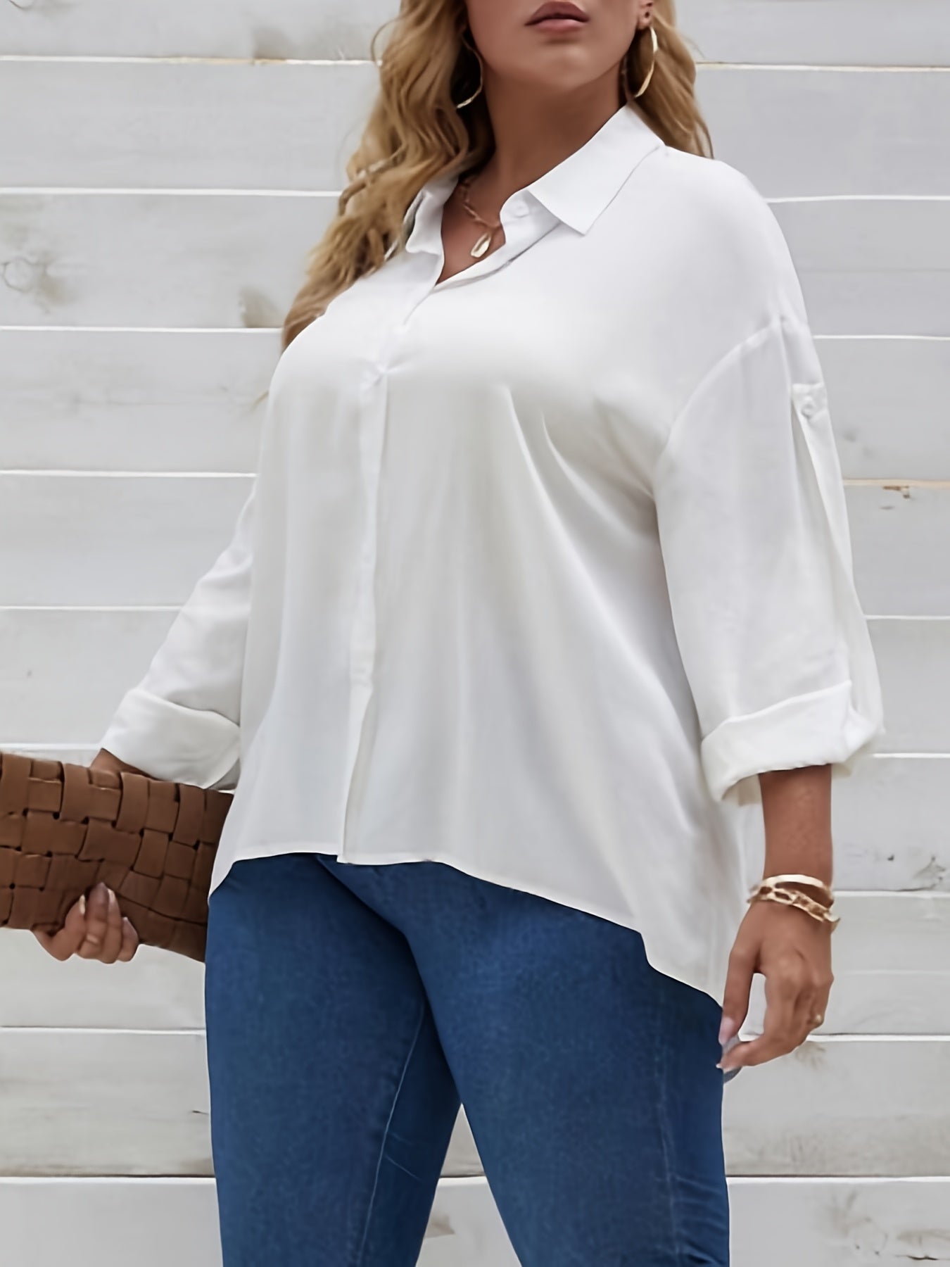  Basic Blouse Women's Plus Plain Turn Down Collar Button Up Shirt