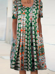  Floral Print Short Sleeve Ruched Dress With Pockets