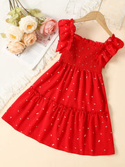Girls Ruffle Sleeve Square Neck Polka Dot Print Red Dress