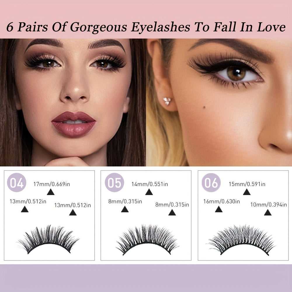 6 Pairs Eyelashes & Eyeliner Kit 3D Natural Look Lashes Easy Wear Waterproof