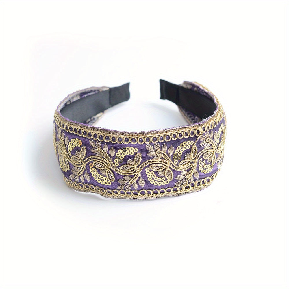 Chinese Style Headband Flower Leaf Berry Embroidery Wide Head Hoop