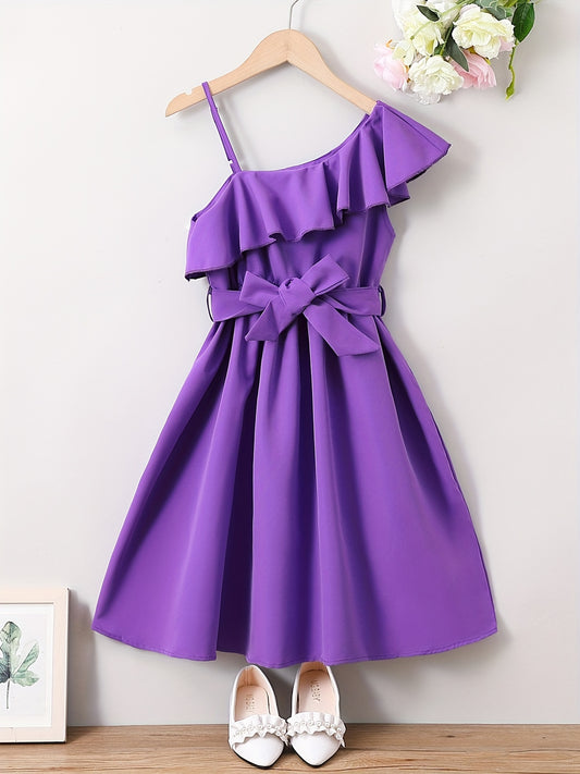 Girls' Ruffle One Shoulder Casual Tunic Dress For Party Vacation Comfy Dresses