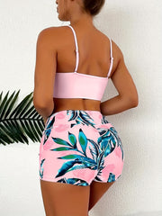 Tropical Print Tankini Set V Neck Drawstring Boxer Short Bottom Swimsuit