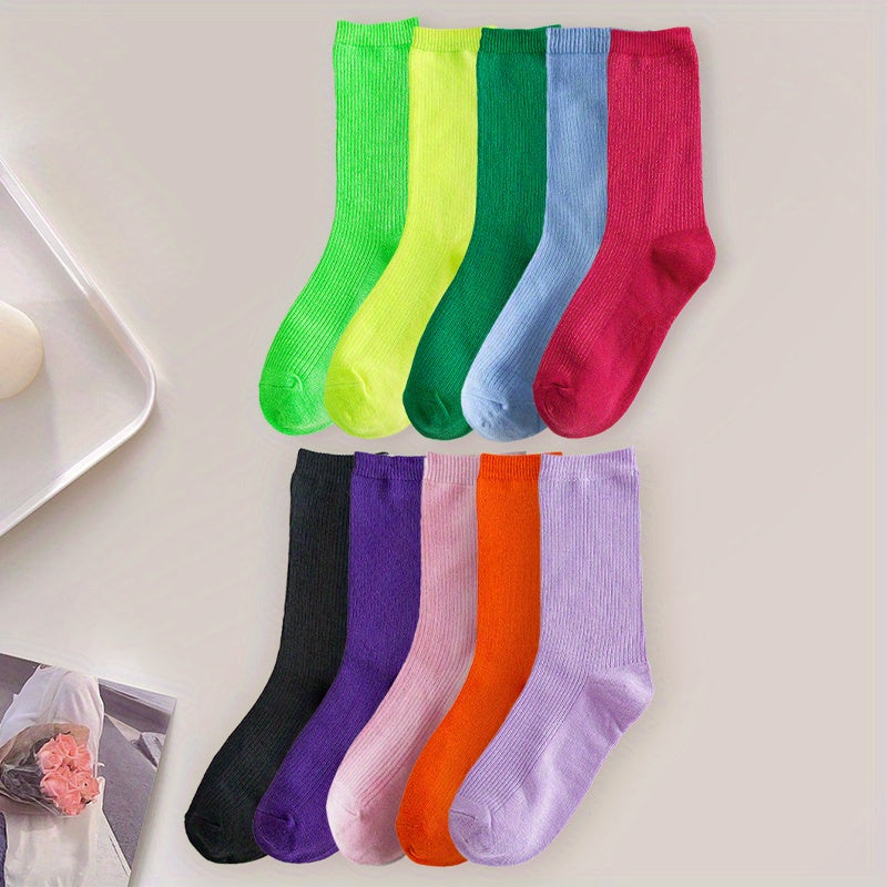 10 Pairs Women's Mid Tube Socks Comfy & Breathable Solid Color Stockings