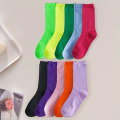10 Pairs Women's Mid Tube Socks Comfy & Breathable Solid Color Stockings