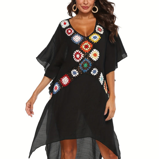 Crochet Floral Decor Beach Dress V Neck Semi Sheer Split Kaftan