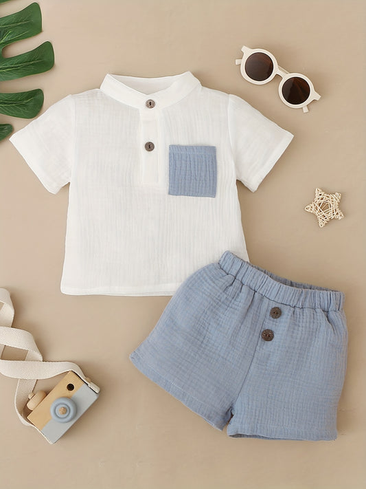 2pcs Baby Boys Button Collar Short Sleeve Shirt & Shorts Set