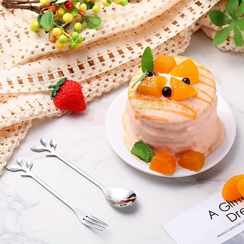 6pcs Stainless Steel Leaf Handle Dessert Spoon Fork Set