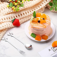 6pcs Stainless Steel Leaf Handle Dessert Spoon Fork Set