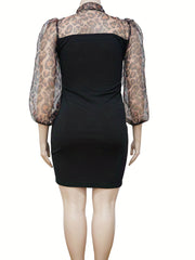  Colorblock Leopard Print Mesh Sleeve Midi Dress