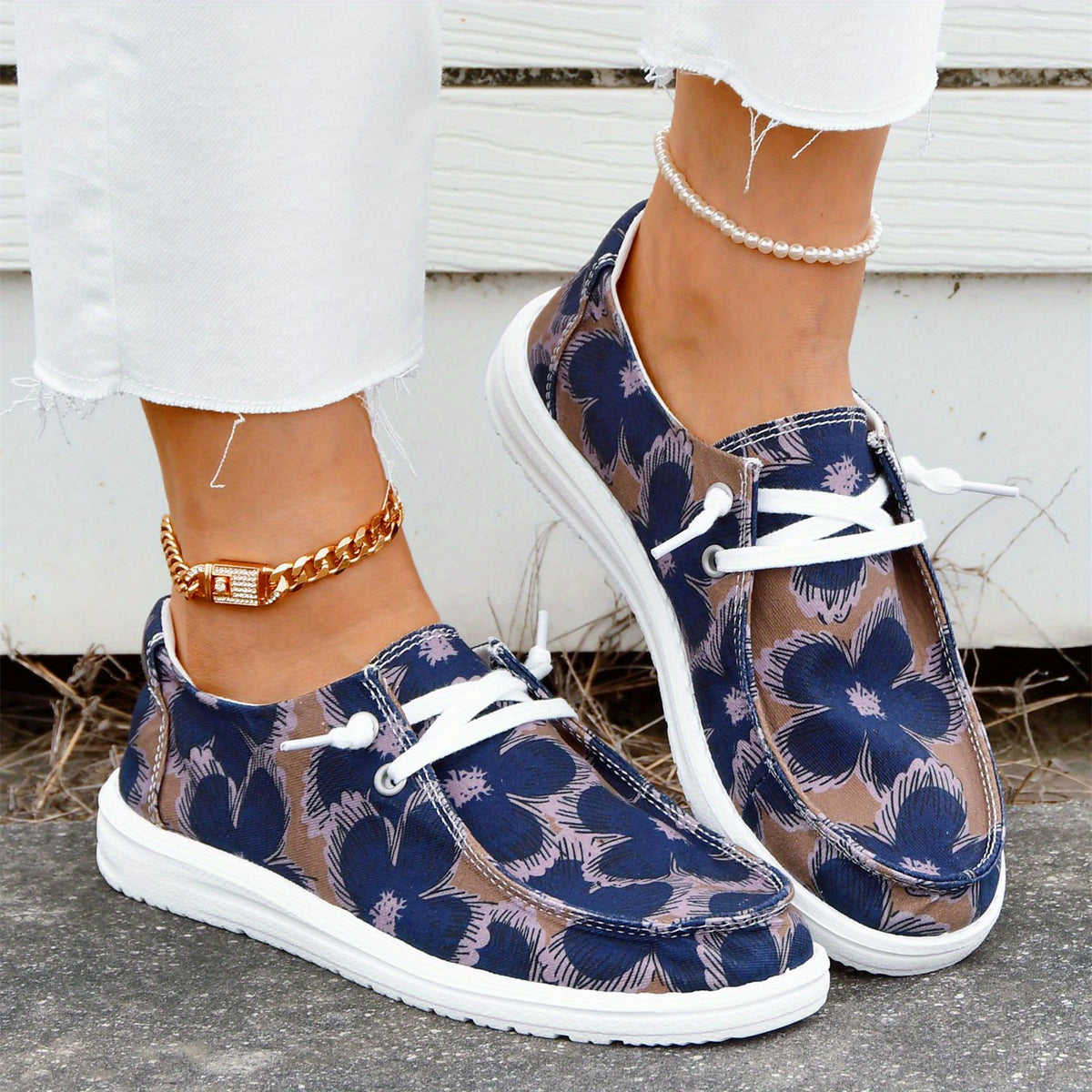Floral Printed Canvas Lace-Up Sneakers Casual Flat Shoes