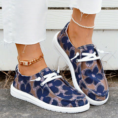Floral Printed Canvas Lace-Up Sneakers Casual Flat Shoes