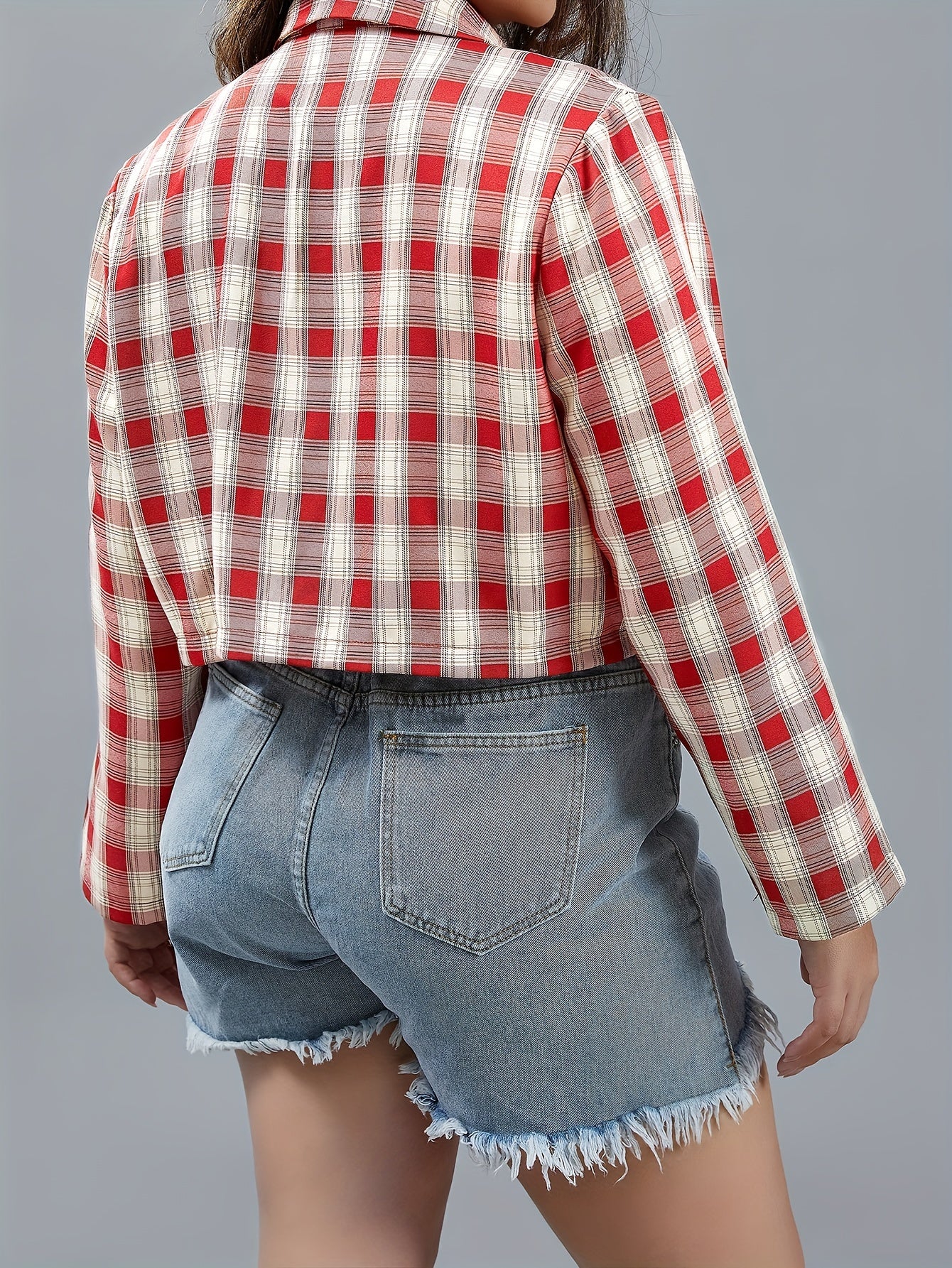  Casual Blazer Women's Plus Plaid Print Long Sleeve Lapel Collar Blazer