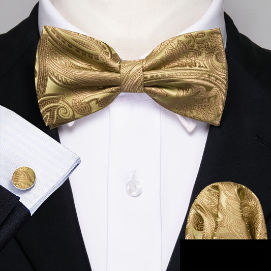 Barry Wang Golden Paisley Bow Tie Classic Pre Tied Adjustable Cravat Set