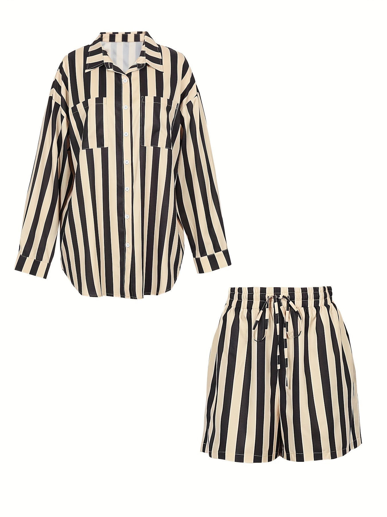  Stripe Print Shirt Top & Shorts Set