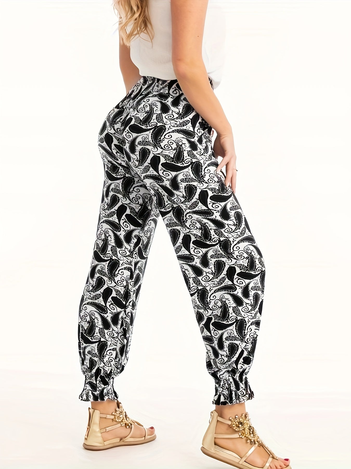  Boho Pants Women's Plus Paisley Floral Print Drawstring Elastic