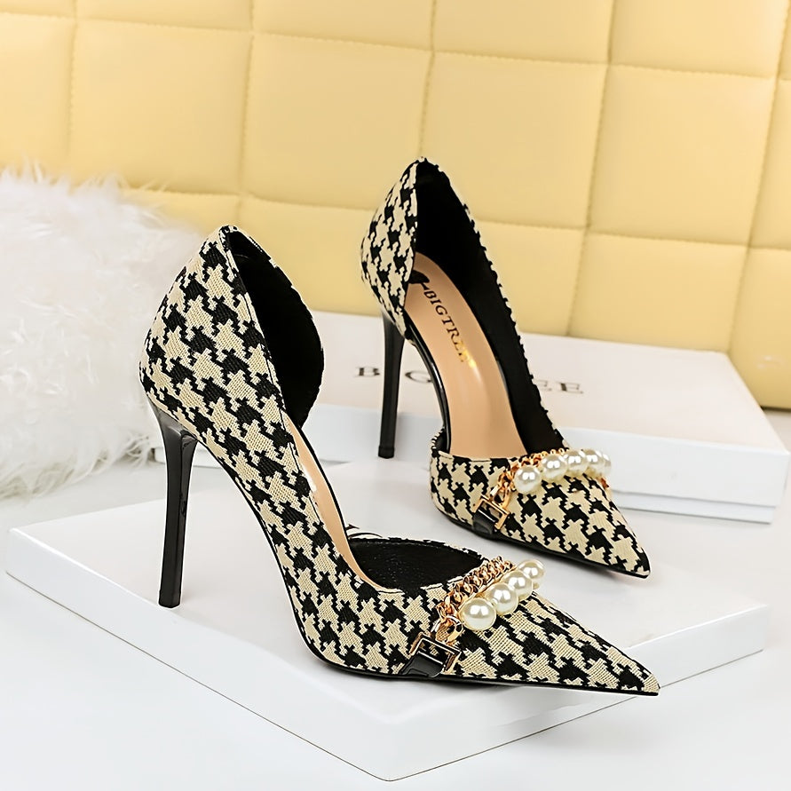 Women's Houndstooth Side Cutout High Heels