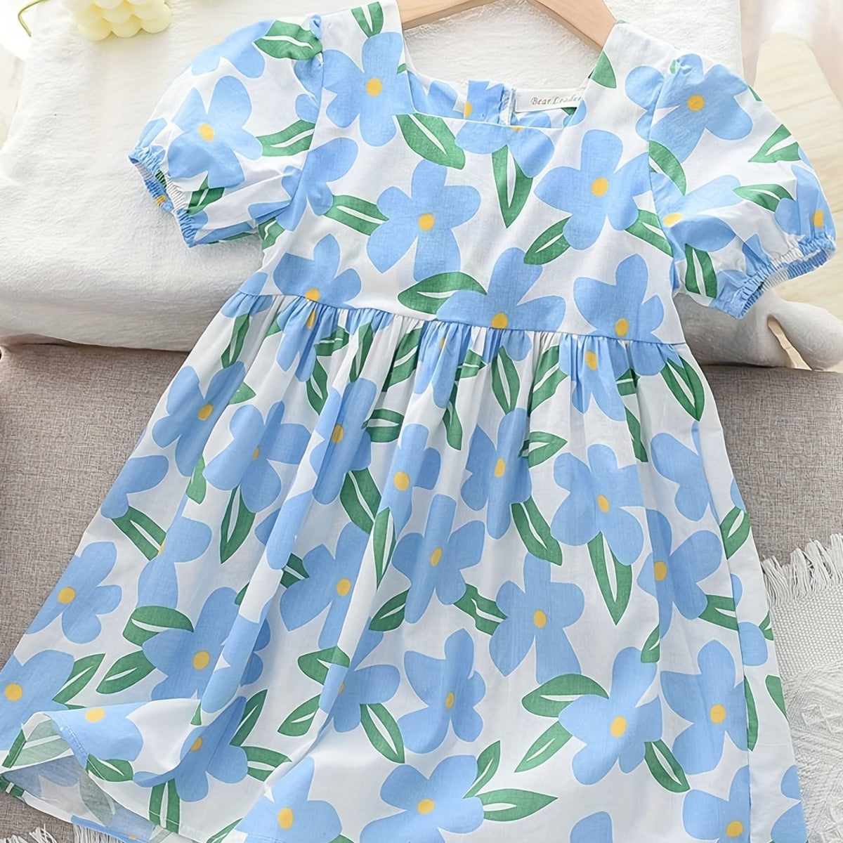 Girls' Cotton Floral Short Sleeve Casual Dress for Party Holiday