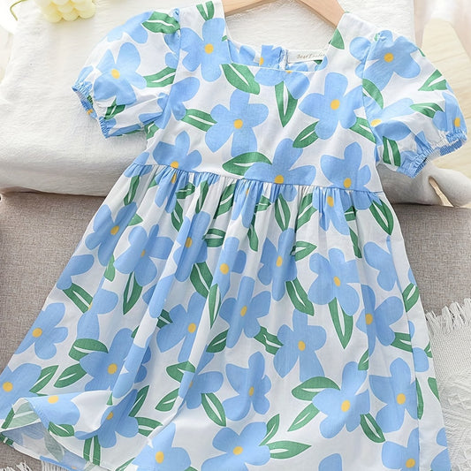 Girls' Cotton Floral Short Sleeve Casual Dress for Party Holiday