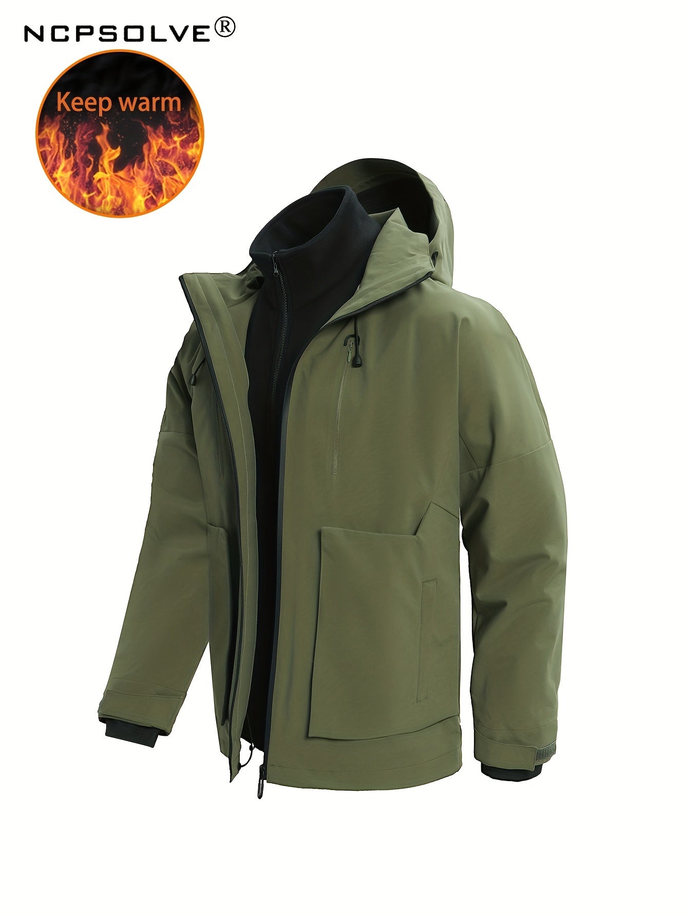 Men's 3 In 1 Zip Hooded Hiking Jacket Large Pocket