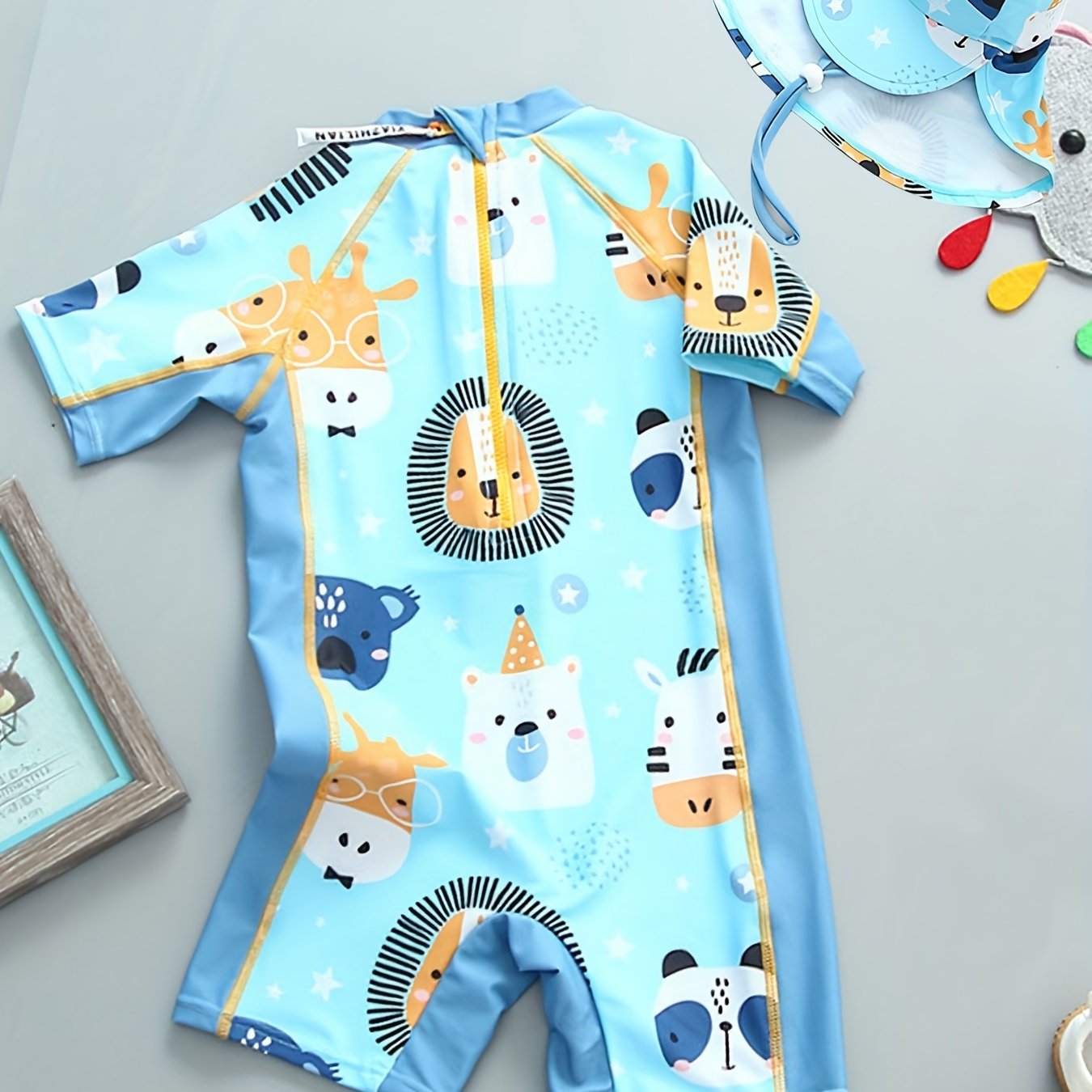 Boys' Cartoon Animal Print Swimsuit Zip Up Short Sleeves