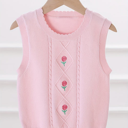 Girls' Flower Embroidered Knit Vest for Autumn/Winter